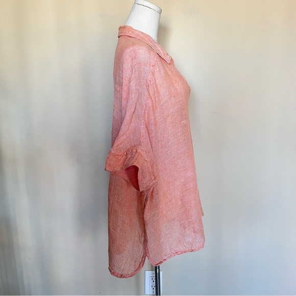 FLAX 100% Linen Oversized Tunic Top Peach Coral Button Front Boho Boxy - Picture 5 of 7